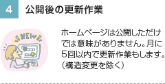 4.公開後の更新作業　ホームページは公開しただけでは意味がありません。月5回以内で更新作業もします。（構造変更を除く）